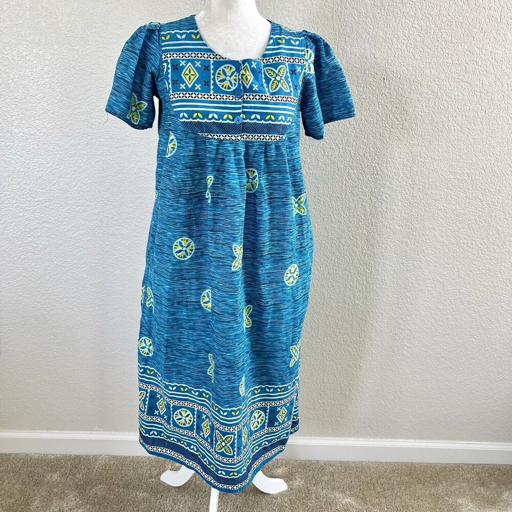 Vintage Loungees Small Blue Green Beachy Mumu House Sleep Dress Kaftan Pockets